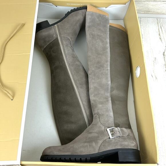 Michael Kors Women’s 5.5 Gray Suede Fabric Logo Heel Zip Calf Riding Boots NWB - Picture 2 of 11